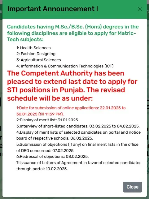 STI Online Portal Application Schedule Update: sti.pesrp.edu.pk