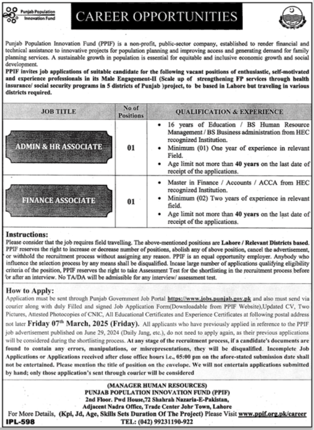 PPIF Punjab Population Innovation Fund Jobs Lahore 2025